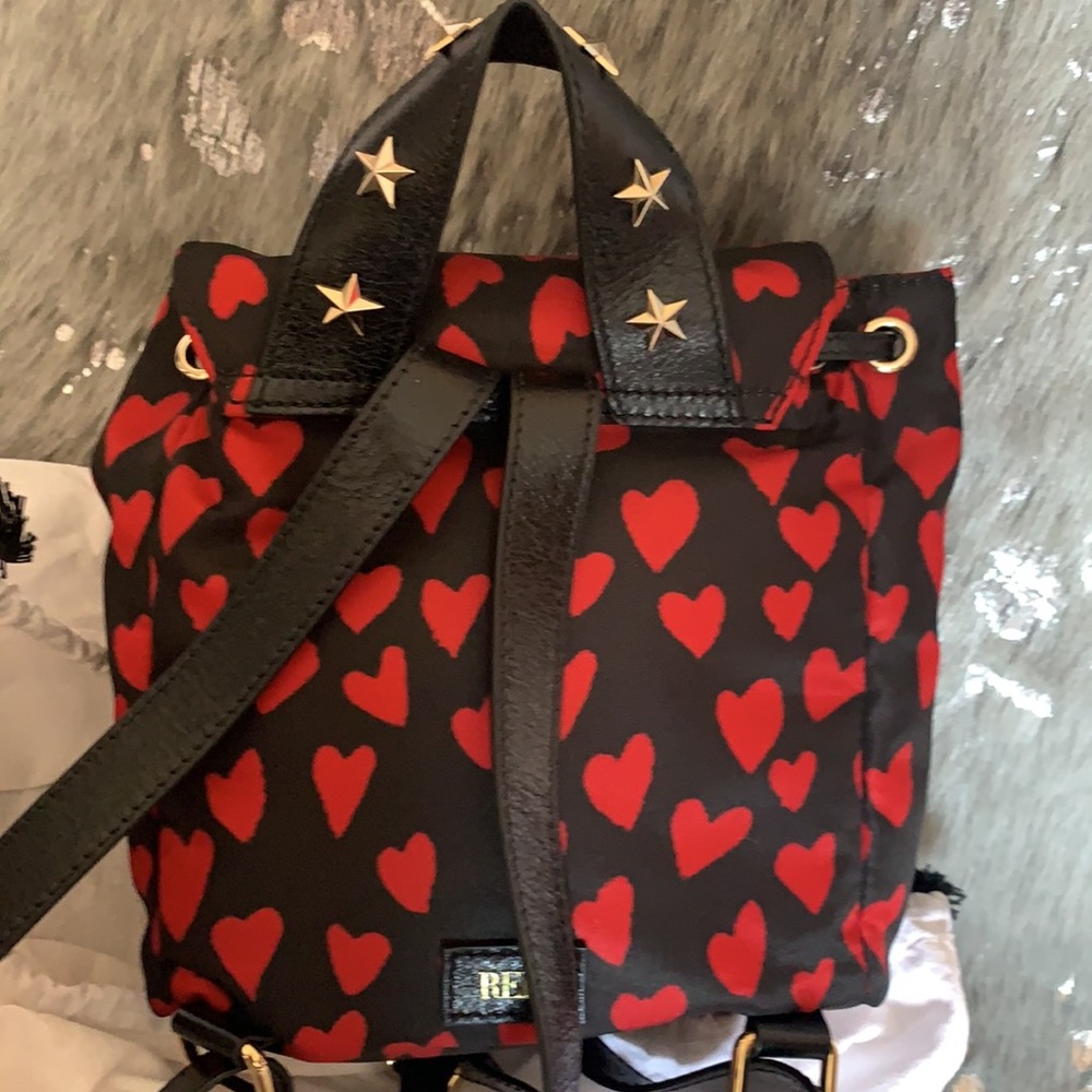 RED Valentino Black Leather Mini Backpack with Red Heart Print - Picture 9 of 14